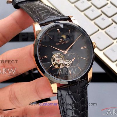 Perfect Replica Jaeger LeCoultre Black Moonphase Tourbillon Dial Rose Gold Case 41mm Watch